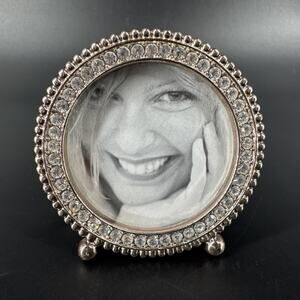 Miniature Round Round Rhinestones Jeweled Silver Tone Metal Picture Frame 2.25”